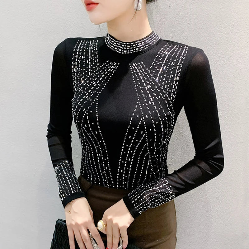 2025 European Station Women’s Long Sleeve Tee – Stand Collar Slim Mesh Top with Hot Diamond ✨👚