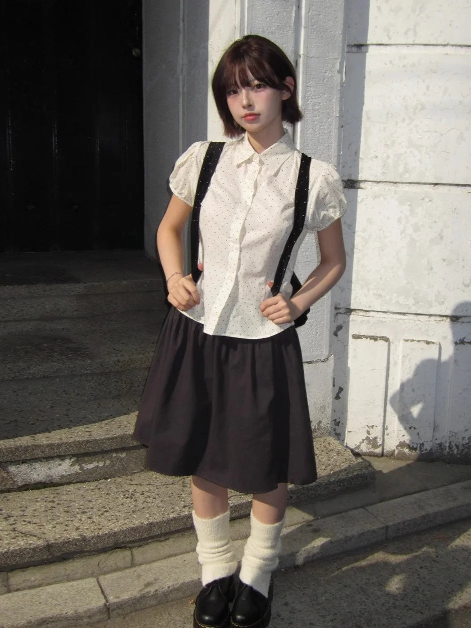 Sweet Korean Style Polka Dot Short Sleeve Blouse | Women’s Slim Fit Summer Top with Bubble Sleeves