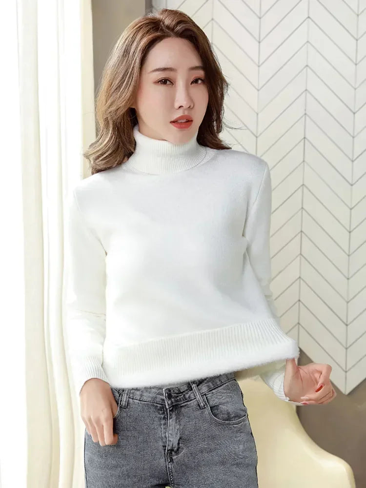Women Winter Thicken Turtleneck Sweater – Slim Knit Plush Velvet Lined Warm Pullover Jumper