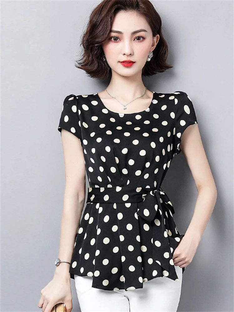 Women’s Polka Dot Chiffon Shirt 🌸 Summer Short Sleeve Fitted Top ✨