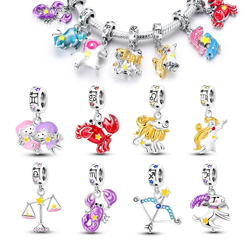 925 Sterling Silver Luminous Constellation Zodiac Charm – Scorpio, Aries, Cancer Pendant Bead Fit Original Pandora Bracelet Women Jewelry