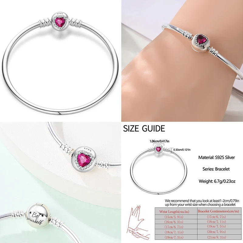 925 Sterling Silver Heart Moon Sun Clasp Charm Bracelet | 17–20CM Original Bracelet for Women | Fits Pandora DIY Beads Jewelry