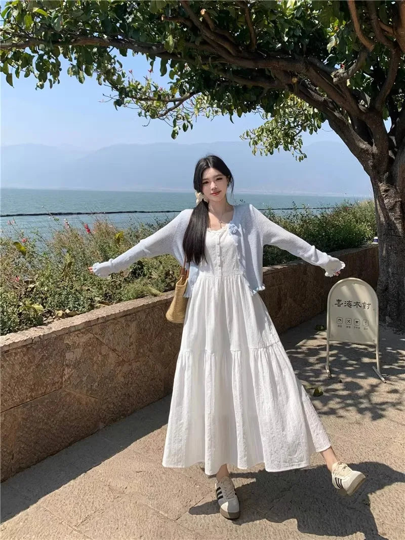 Summer 2025 Women’s Pure Cotton White Strap Dress with Long Sleeve Ice Silk Knitted Sun Protection Cardigan Set – Elegant Fashion