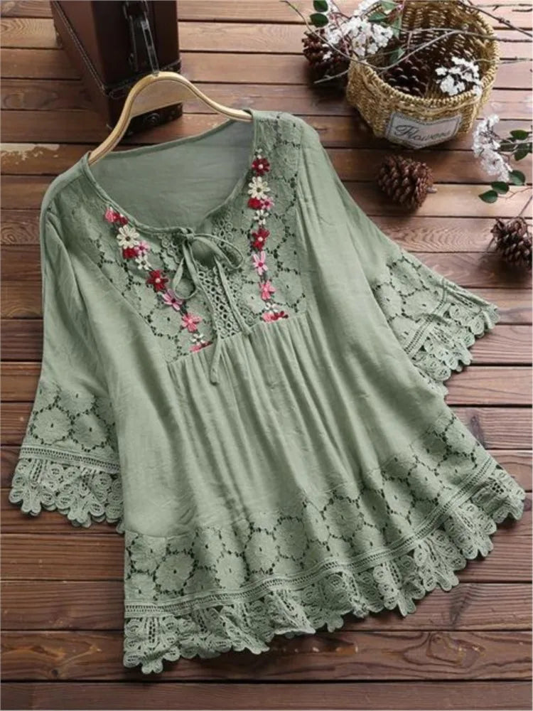 Summer Women Casual V-Neck Blouse – Cotton & Linen Lace Flower Loose Top 🌸☀️