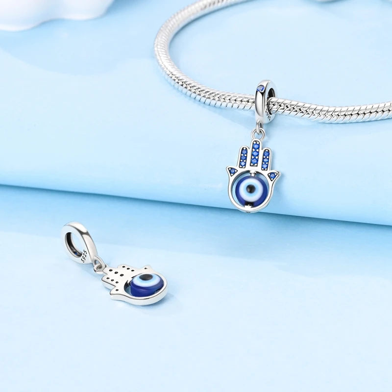 Blue 925 Sterling Silver Rotating Evil Eye Palm Moon Starry Sky Charms | Fit Original Bracelet Pendant Women Jewelry