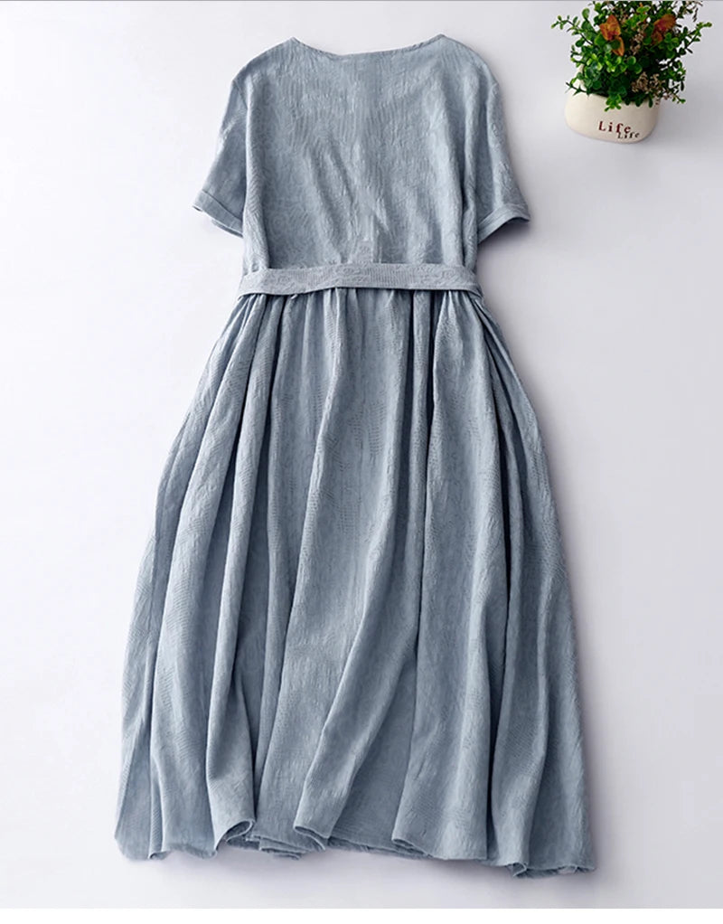 Japanese Style Loose Cotton Linen Dress – Women’s Vintage A-Line Over-Knee Long Dress with Round Neck