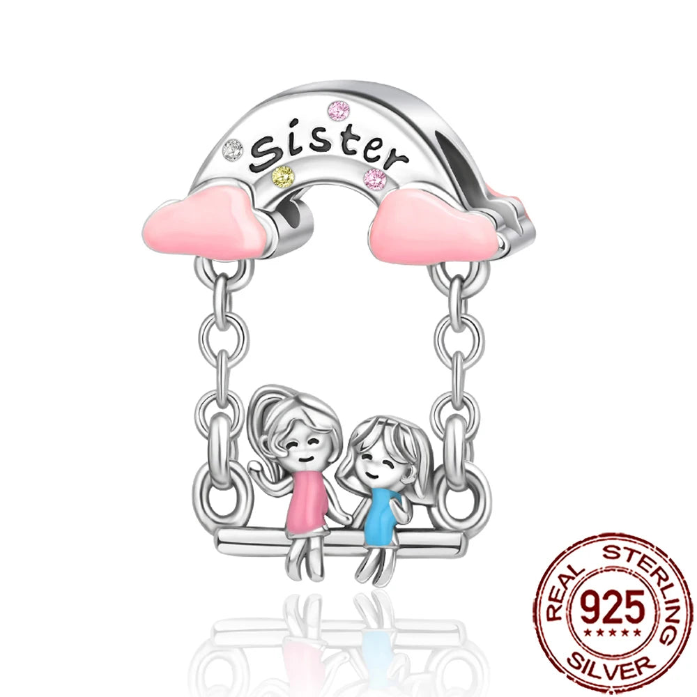 2025 New 925 Sterling Silver Family Love Heart Charm Beads | Sister, Daughter & Mother Pendant for Bracelets & DIY Jewelry