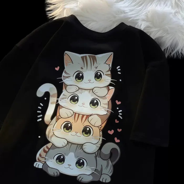 Cute Cartoon Cat Print Women’s T-Shirt – Round Neck Short Sleeve Casual Summer Tee 😻👕