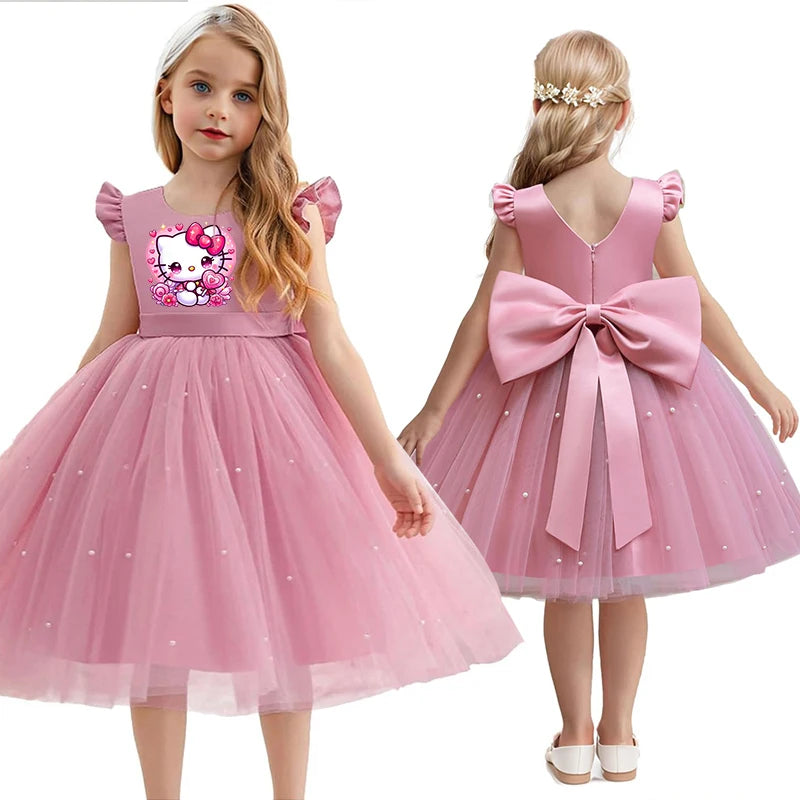 Hello Kitty Girls Pearls Dress – Elegant Princess Wedding Gown, Tulle Birthday Party Dress for Children 3-7Y