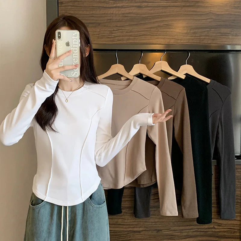 Women's Long Sleeve Velvet Base Shirt 👚 Slim Fit Round Neck T-Shirt ✨ Pure Color Winter Fashionable Top ❄️