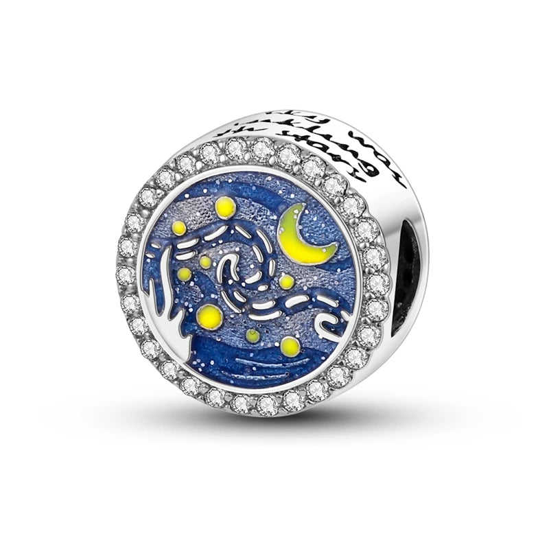 Blue 925 Sterling Silver Rotating Evil Eye Palm Moon Starry Sky Charms | Fit Original Bracelet Pendant Women Jewelry