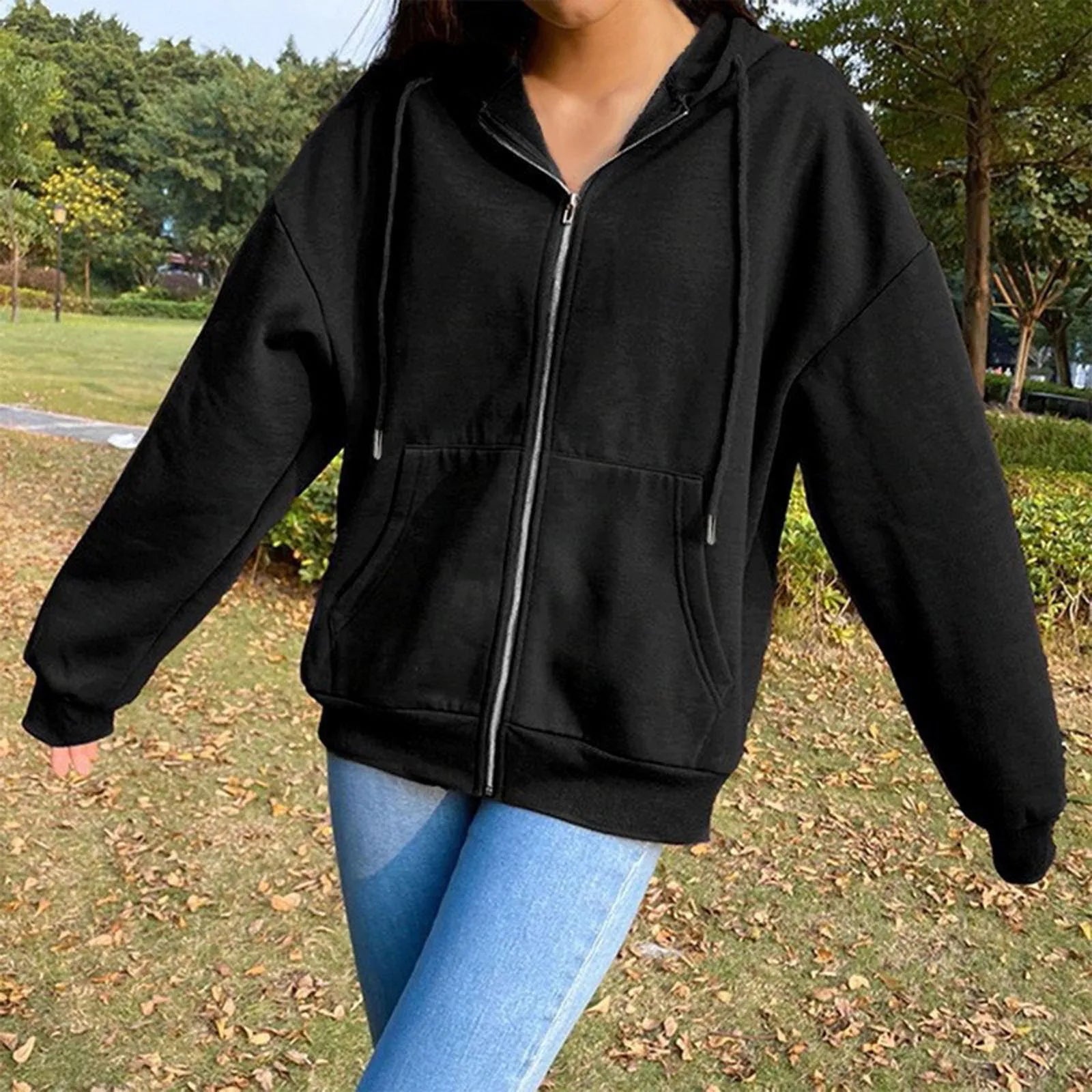 Spring Autumn Women Solid Color Hooded Sweatshirt Coat | Zipper Pocket Hoodie Jacket | Casual Outerwear Femme