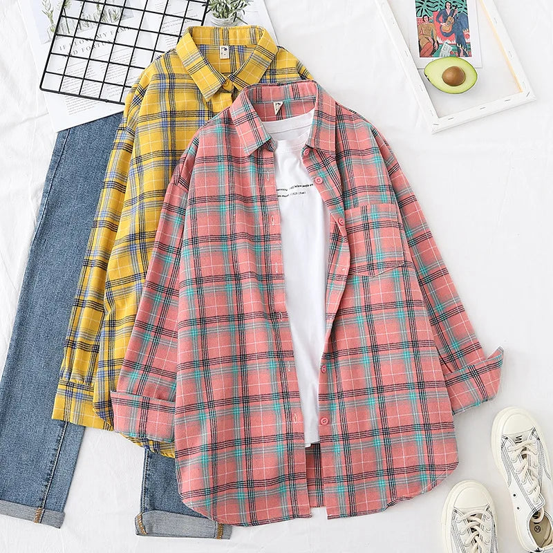 Women’s Plaid Shirt | Spring Autumn Long Sleeve Blouse | Casual Cotton Checkered Top