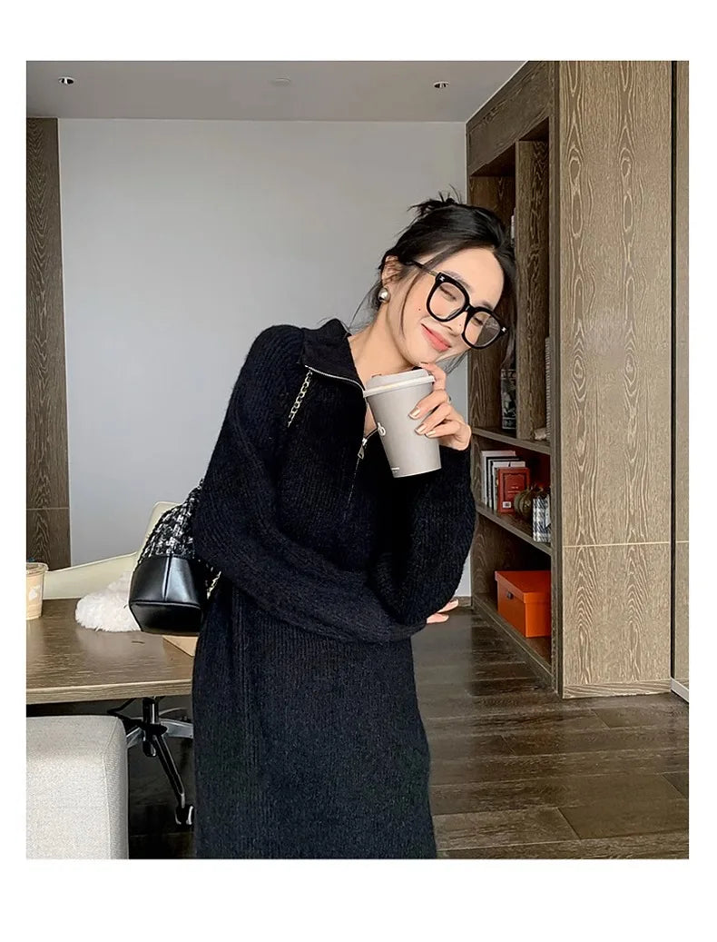 Long Sleeve Knitted Dress – Women’s Spring Autumn Loose Sweater Dress | Lazy Sleeve Inner Wear Polyester Comfy Dress