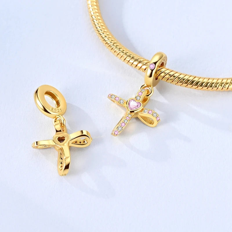 925 Sterling Silver Golden Charms Bow Cross Earth Passport Dangle | Fits Original Bracelet DIY Jewelry Gift for Women