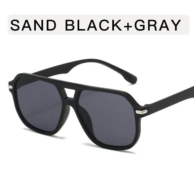 Retro Big Frame Square Sunglasses – Women & Men Double Beam One-Piece Designer Pilot Sun Glasses | Black Circular Cool Shades