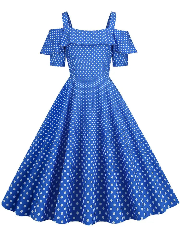Off-Shoulder Elegant Vintage Party Dress – Women’s Summer Polka Dot Ruffles A-Line Midi Dress