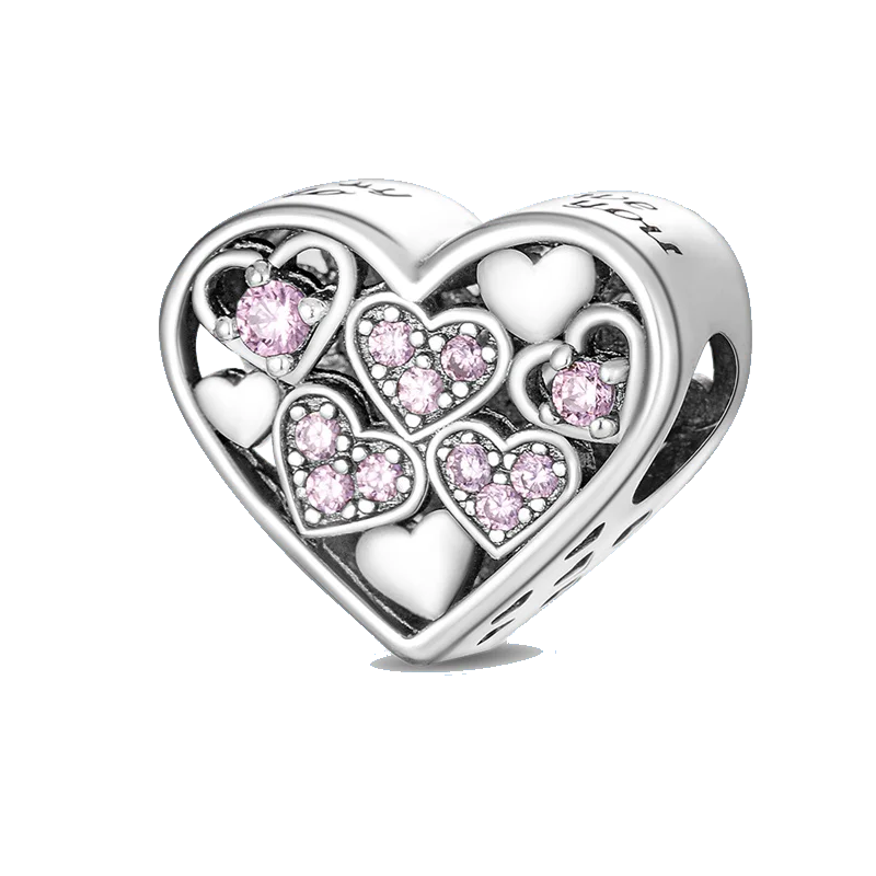 925 Sterling Silver Heart Shaped Warm Family Charm Beads Butterfly Flower Pendant
