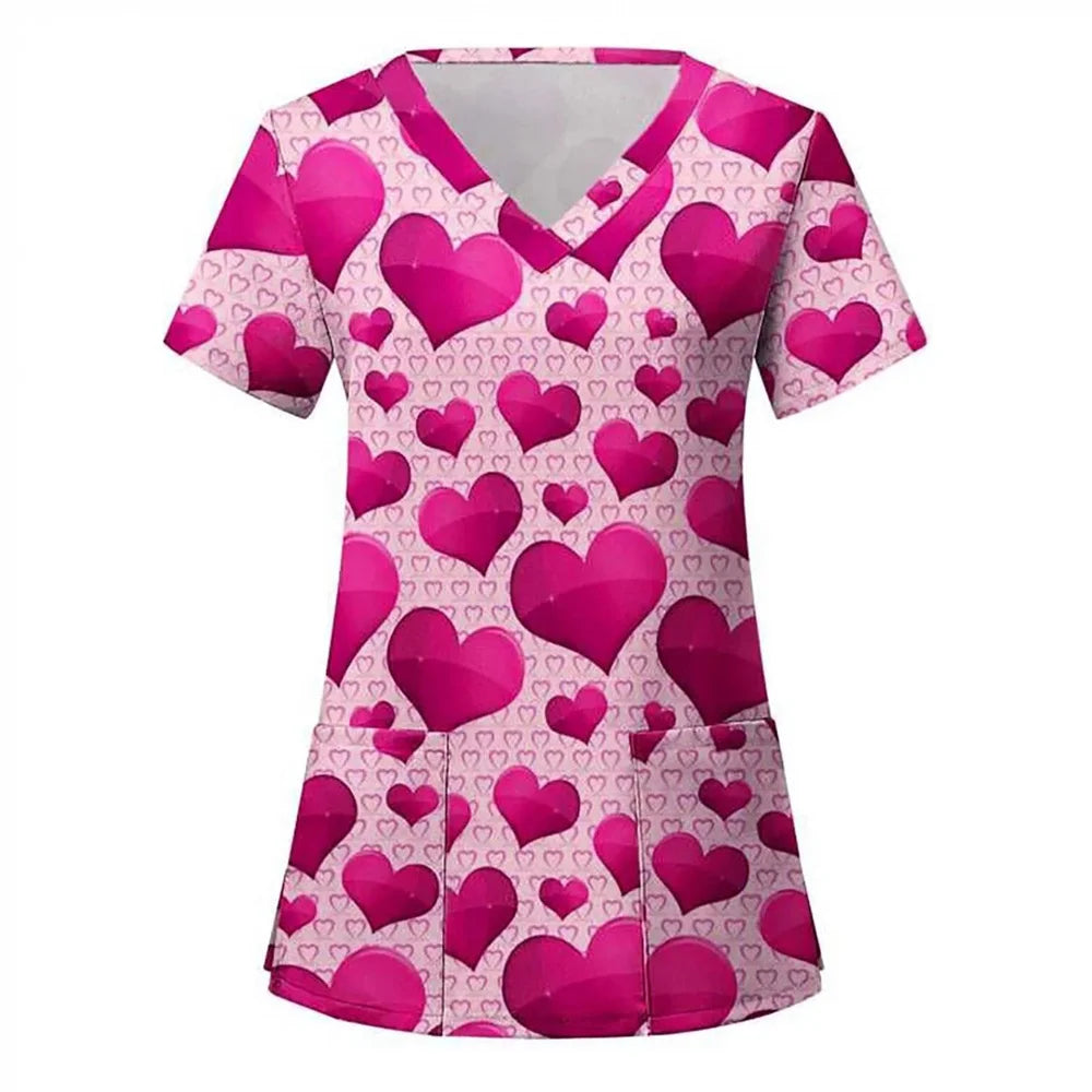 Women’s Heart Print Medical Top ❤️ V-Neck Short Sleeve Nursing Uniform ✨
