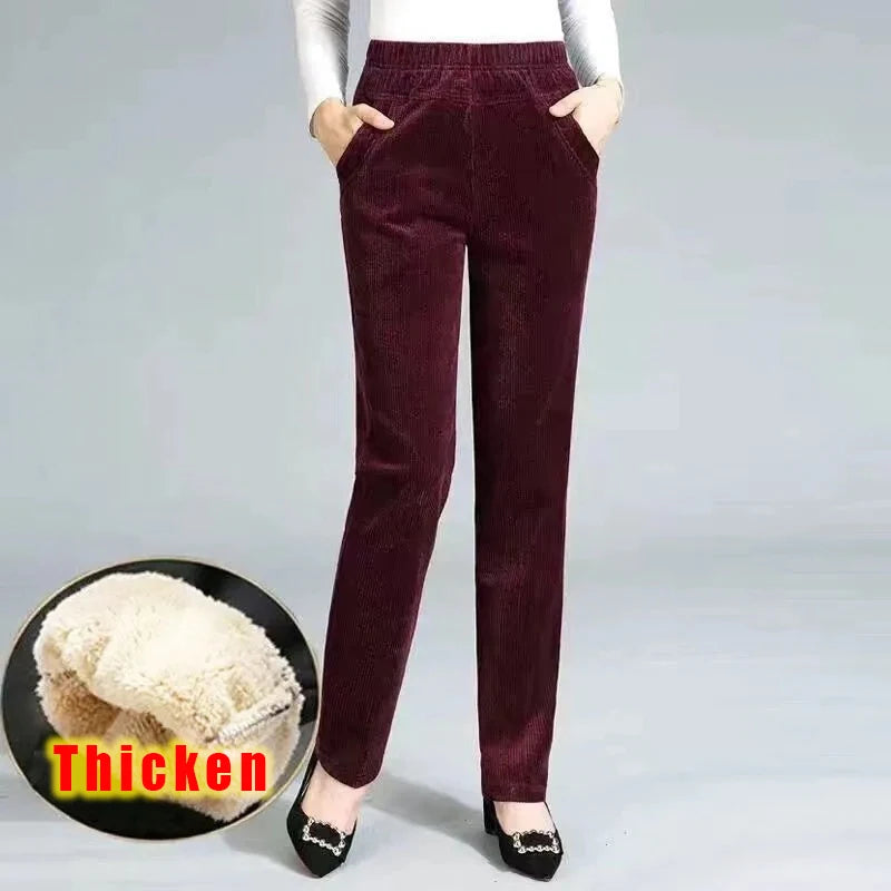 Autumn Winter Women’s Plush Fleece Pencil Pants – High Waist Corduroy Leggings | Elegant Office Trousers