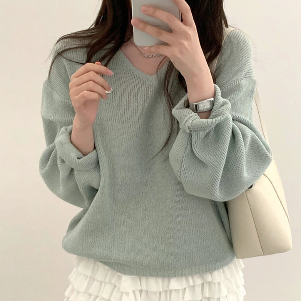 Loose Women’s Knitwear V-Neck Long Sleeve T-Shirt – Casual Comfortable Fashionable Autumn Top New Arrival