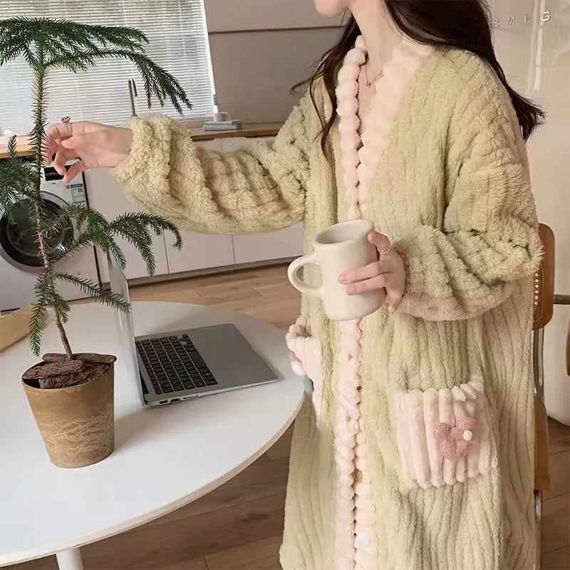 🌈 Rainbow Coral Fleece Robe for Women 🧣 | Soft & Warm Autumn Winter Home Clothes 🏡 | Cozy Sweet Open Cardigan 👗