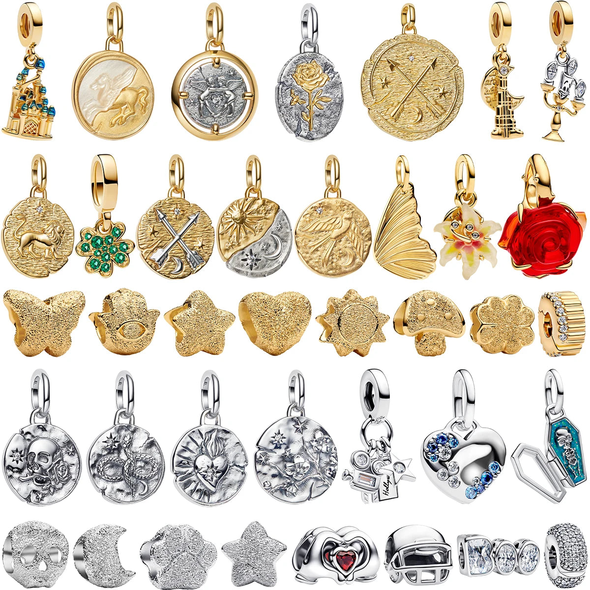 925 Sterling Silver Golden Charms – Horse, Lion & Castle Beads for Bracelets & Necklaces