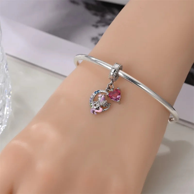 925 Silver Plated Magic Mirror Princess Angel Pink Charm Beads | Fits Original Pan 925 Bracelet | Exquisite DIY Jewelry