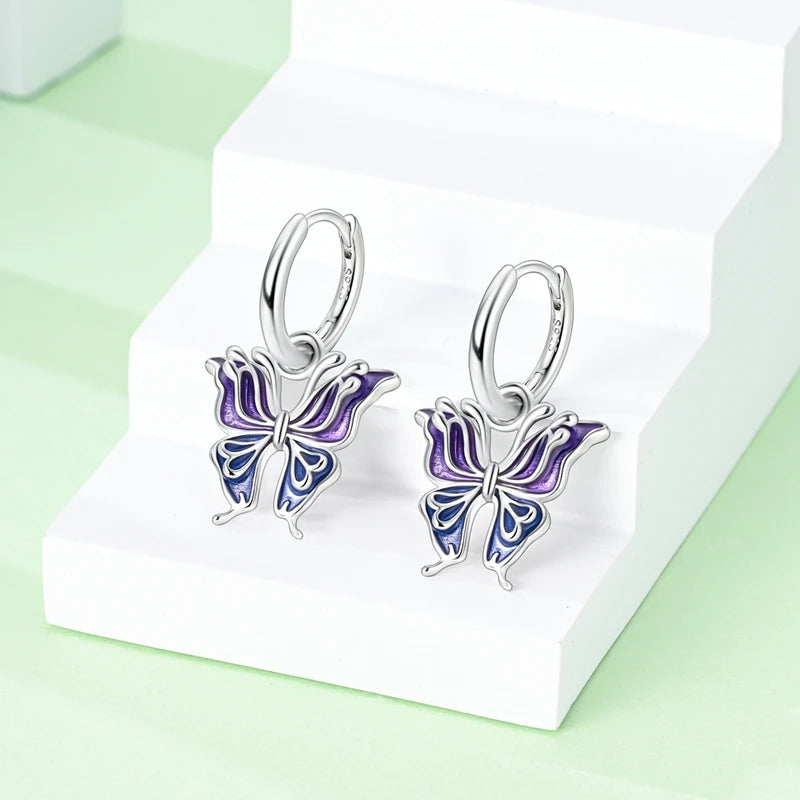 925 Sterling Silver Colorful Butterfly Hoop Earrings | Pave CZ Elegant Gothic Jewelry for Women & Friends