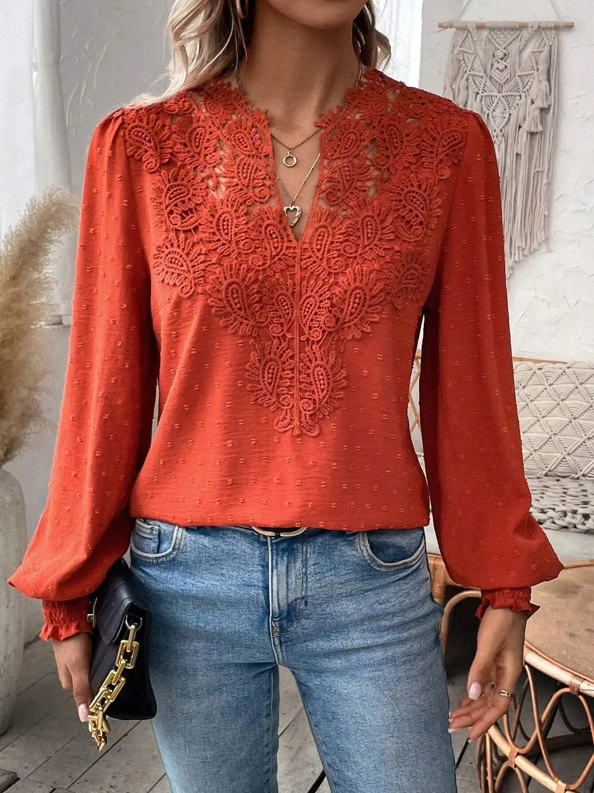 Women’s Long Sleeve Sweater – Fall 2024 Trendy Sexy Lace V-Neck Puff Sleeve Pullover Cute Tops 🍂✨