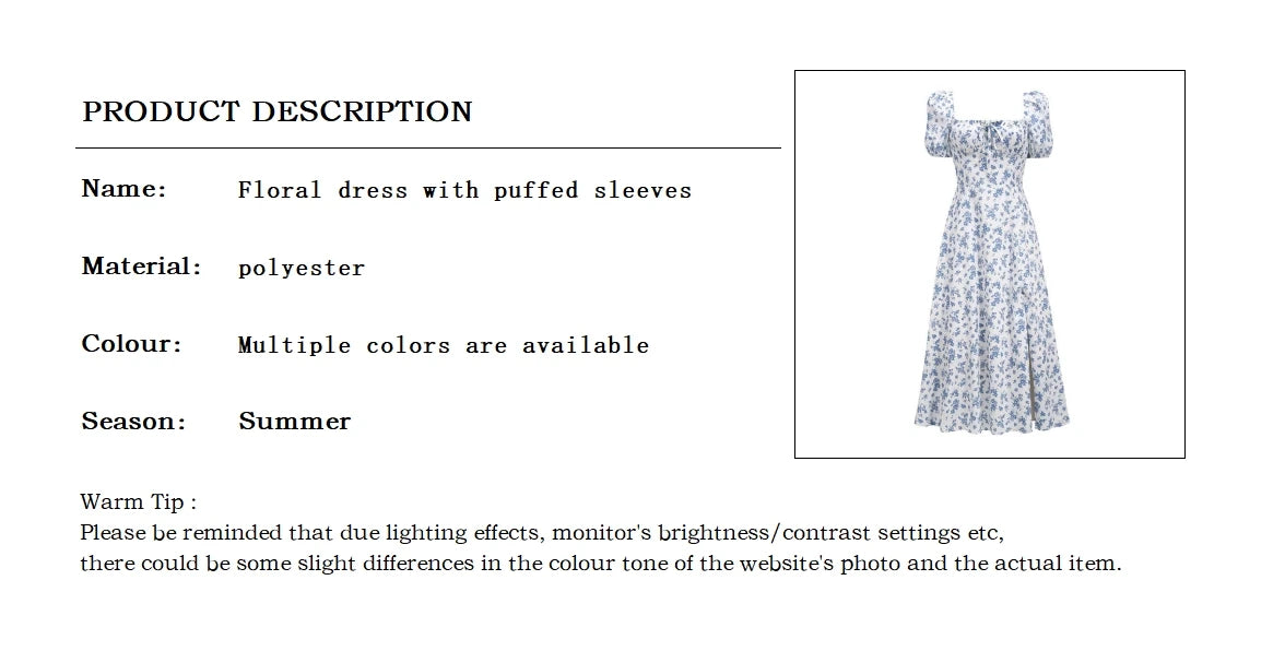 Y2K Vintage Blue Floral Dress – Women’s Elegant Summer Party Puff Sleeve Split Long Dress | Sexy Aesthetic 2024