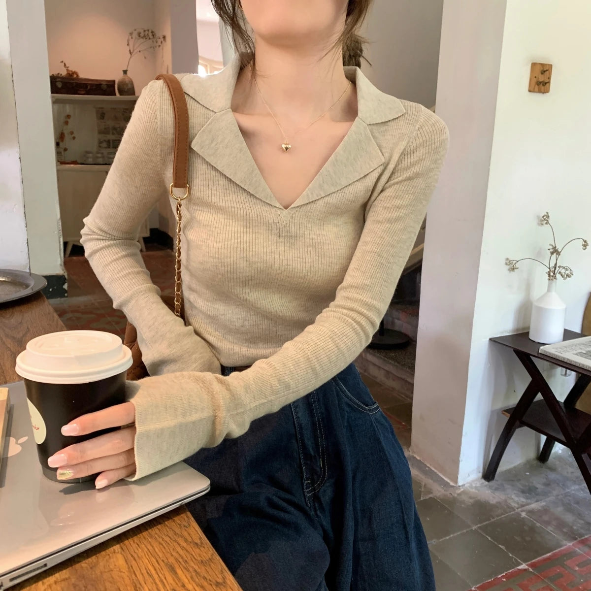 French Style Knitted Long Sleeve V-Neck Collar Sweater – Women’s Winter Base Layer Top | Stretchy Fit for Young Women