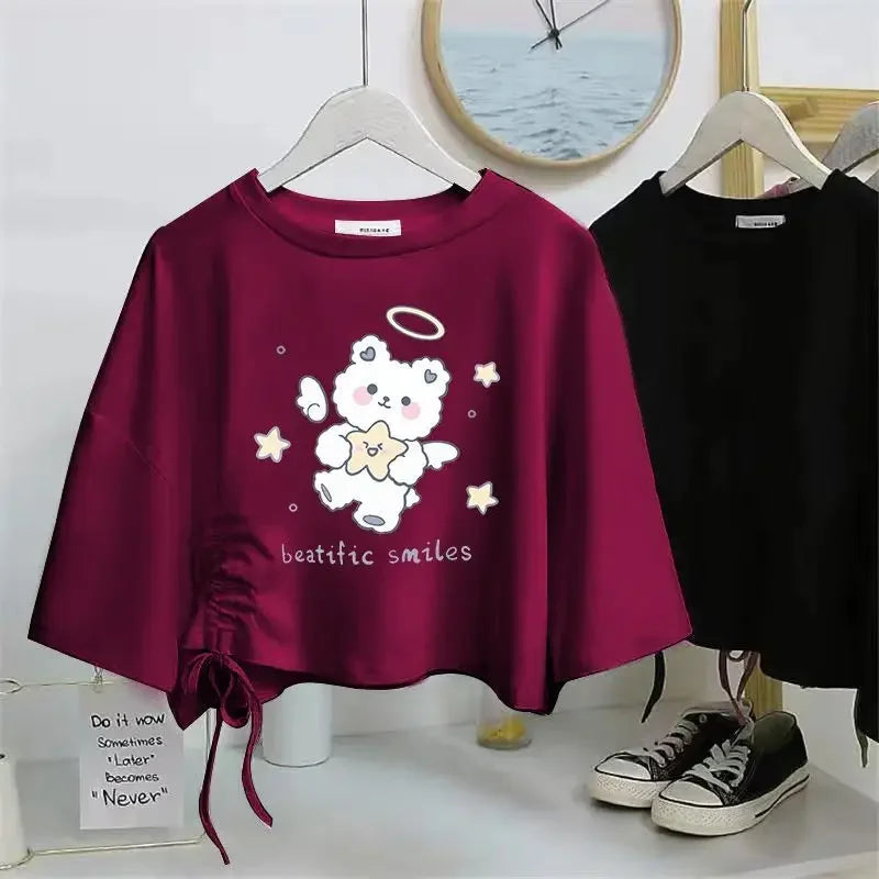 Women’s Drawstring Cotton T-Shirt | Loose O-Neck Drop Sleeve Pullover | Spring Summer Casual Solid Knit Top