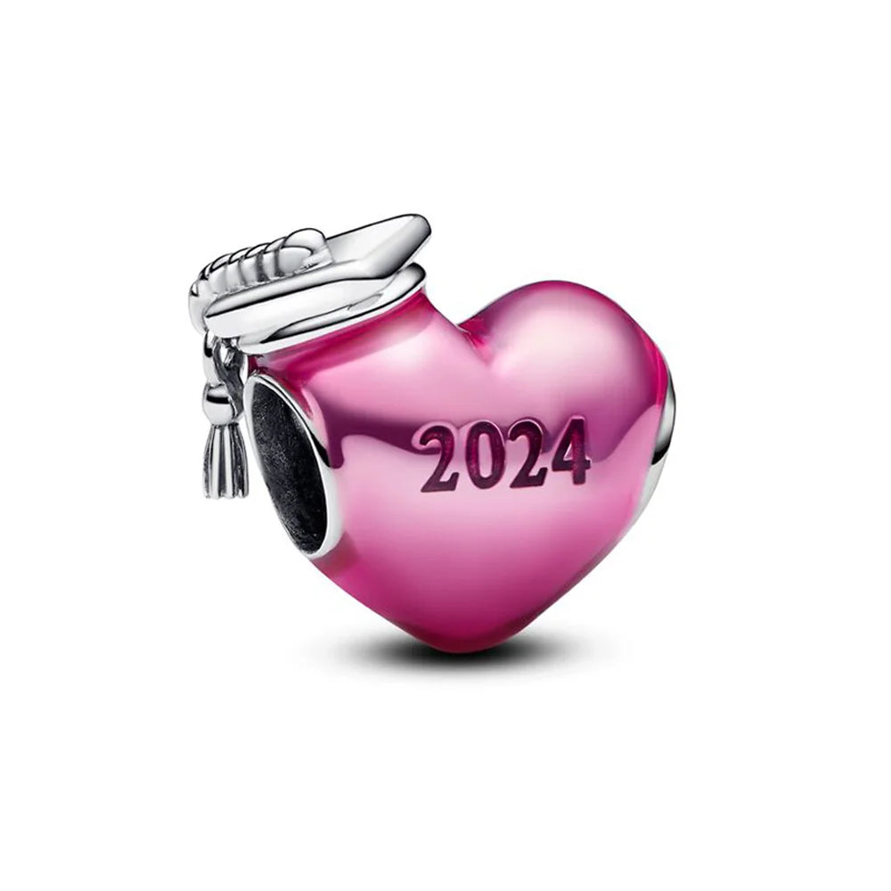 925 Sterling Silver Graduation Heart Charm Bead 2023 2024 | Openwork Swirling Bead for Women Bracelet Gift