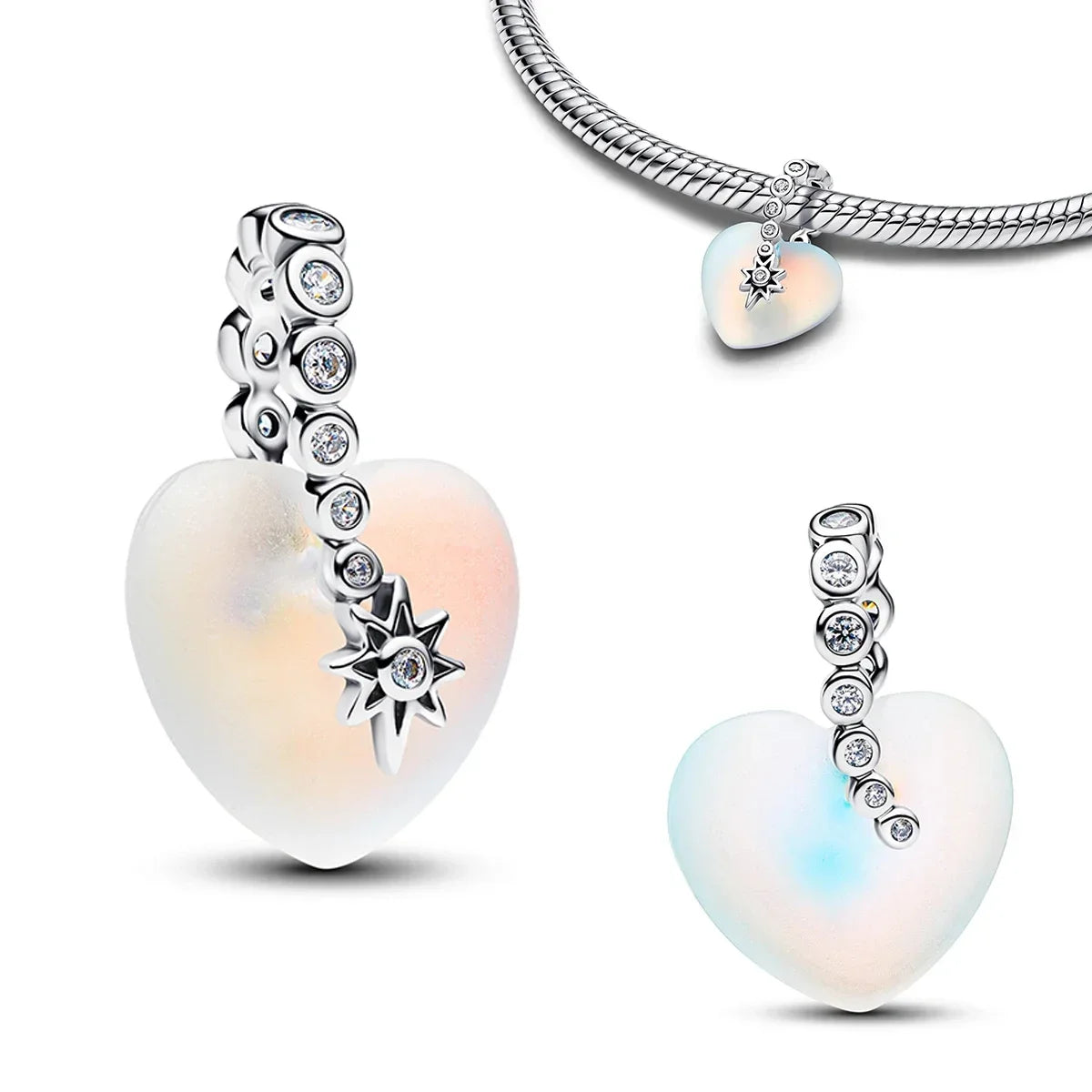 925 Sterling Silver Golden Round Necklace & Bow Earrings Set | Stars, Moon & Heart Charms Beads Women Jewelry Gift