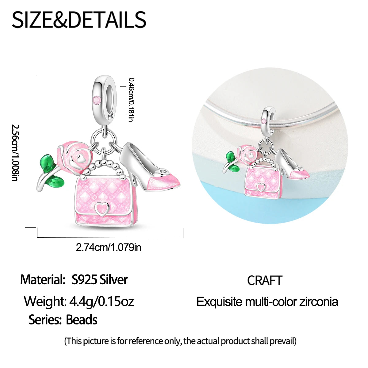 Romantic Pink Flowers 925 Sterling Silver Charms | Bag Lipstick Heart Bow Rose Bead Fit Original Bracelet DIY Jewelry Gift