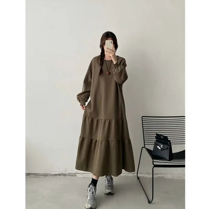 Plus Size Casual Long Sleeve Dress for Women | Loose Fit Patchwork Autumn Dress | Tummy Covering Comfortable Long Dress