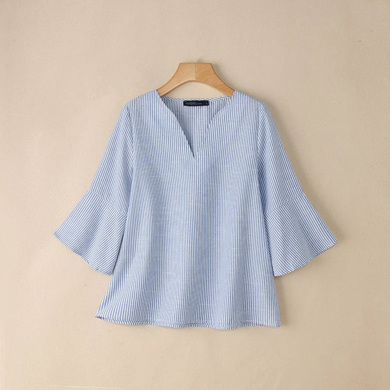 2025 ZANZEA Women’s Office Striped Blouse – Autumn V-Neck 3/4 Sleeve Casual Work Shirt 👚🍂