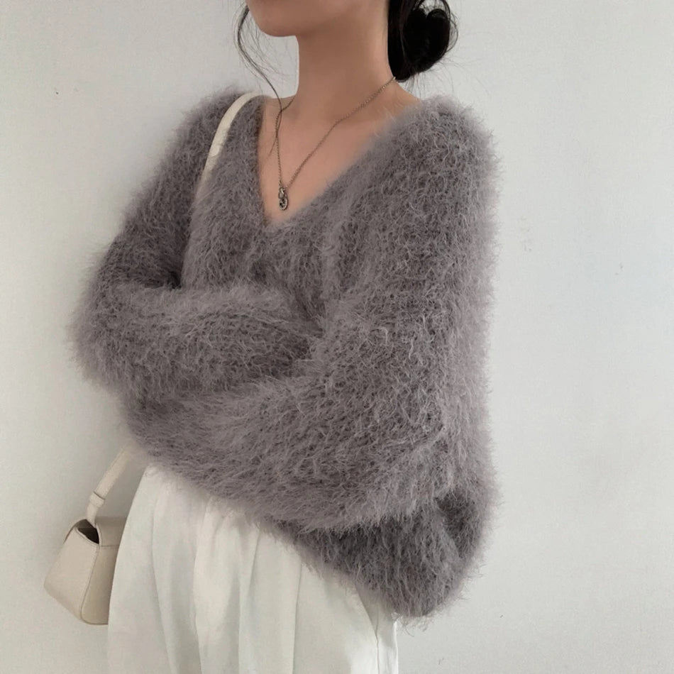 Chic V-Neck Knitted Sweater Coat for Women 🧥✨ Faux Fur Lazy Style Cardigan 💖 Autumn Winter Fashion Outerwear