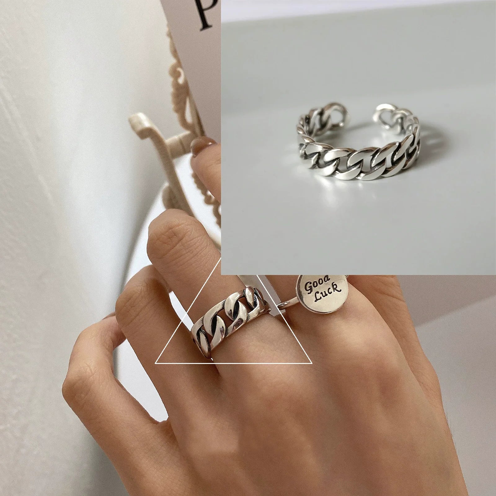 Sam Panda 925 Sterling Silver Adjustable Chain Ring | Vintage Open Finger Ring for Women & Men | Fine Jewelry Gift