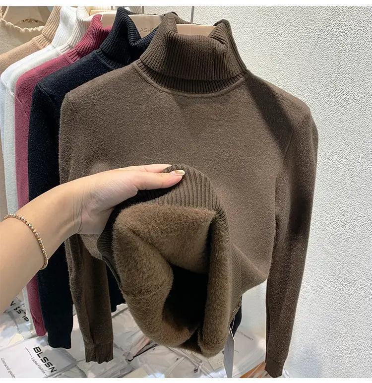 2025 Women’s High Collar Pullover Sweater – Thick Warm Soft Winter Top | Solid Color Bottoming Shirt