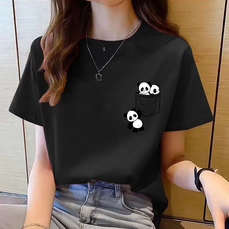 Women’s Summer Cartoon Panda Pocket T-Shirt – Loose Round Neck Short Sleeve Korean Fashion Top