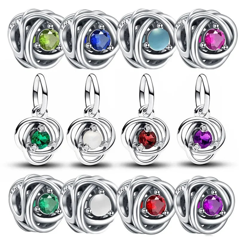 Silver S925 Twelve Month Birthstone Heart Eternity Charms | Fit Original Bracelet | Women’s DIY Fine Jewelry Beads
