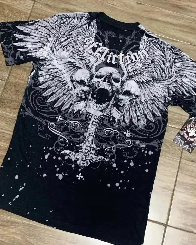 Vintage Avirex Black Short Sleeve T-Shirt | Rhinestone Double-Sided Print Retro Streetwear Top