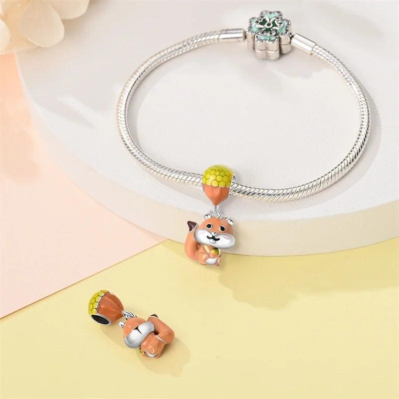 925 Sterling Silver Squirrel & Maple Leaf Charm | Shiny Zircon Autumn Beads Fit Pandora Bracelet DIY Jewelry
