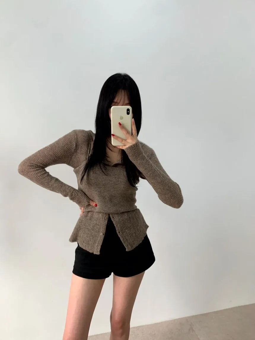 Simple round Ne Button up Knit Sweater Strap Set Casual Sle Polyester Fiber Open Cardigan for Women Autumn Winter ential
