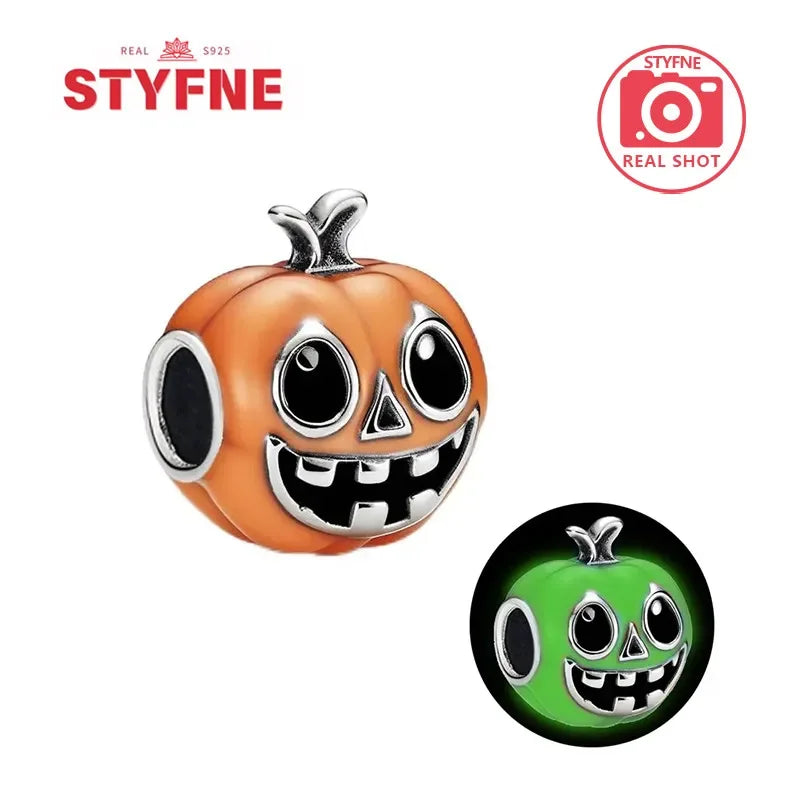 925 Sterling Silver Luminous Pumpkin Skull Charm – Halloween Series Beads Fit Original Pandora Bracelet Women DIY Jewelry Gift