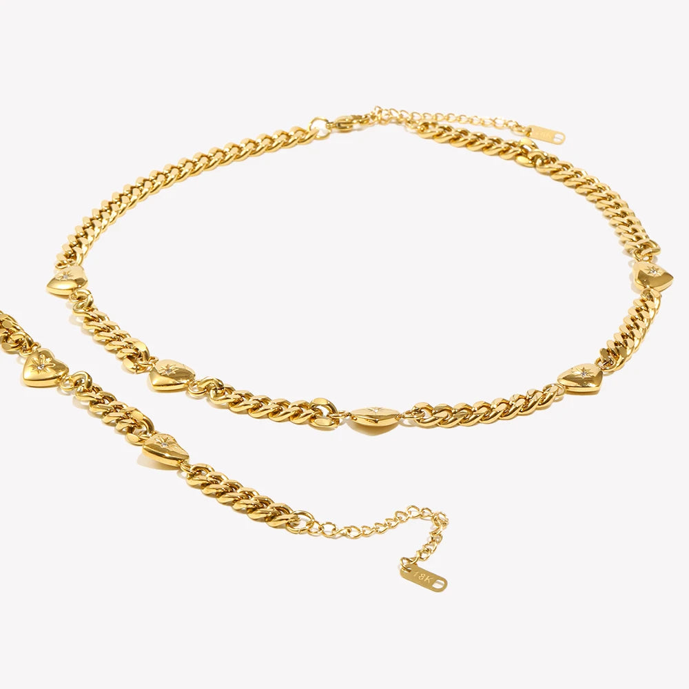 18K Gold Plated Stainless Steel Ocean Heart Cuban Chain Bracelet for Women – Zircon Paved Bangle