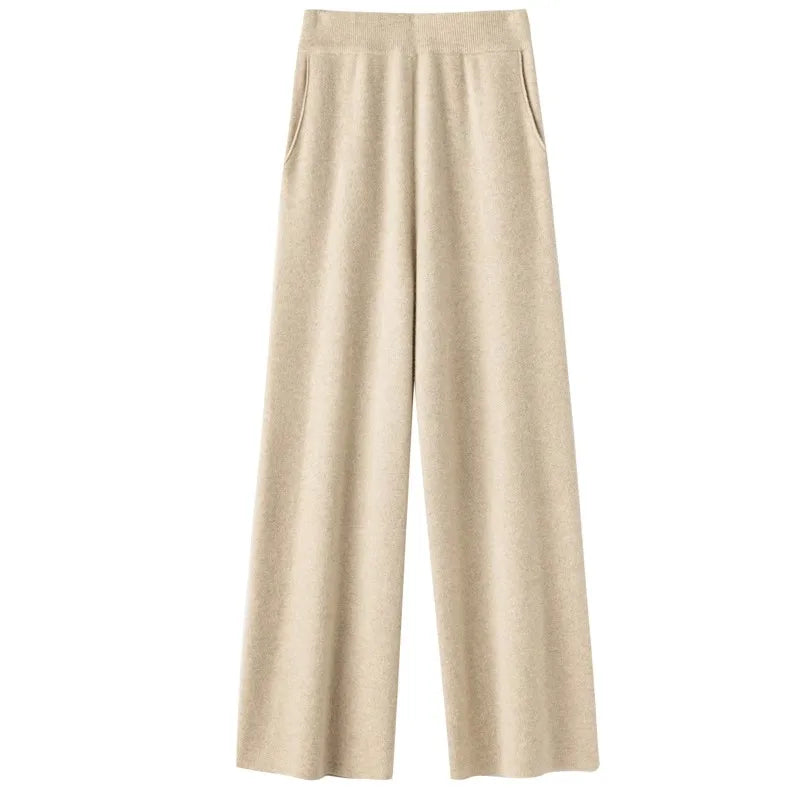 Elegant Women’s High Waist Wide-Leg Pants – Baggy Straight Knitted Trousers with Pockets
