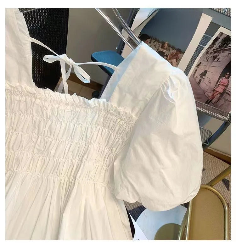 ☀️ Summer 2025 New Square Collar Pleated Short Sleeve Doll Shirt 👚 Women’s Small Size Bubble Sleeve Chiffon Blouse Top 🌸